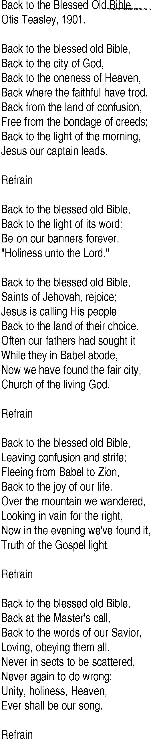 Hymn and Gospel Song: Back to the Blessed Old Bible by Otis Teasley lyrics