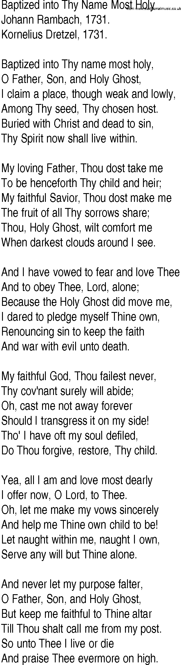 Hymn and Gospel Song: Baptized into Thy Name Most Holy by Johann Rambach lyrics