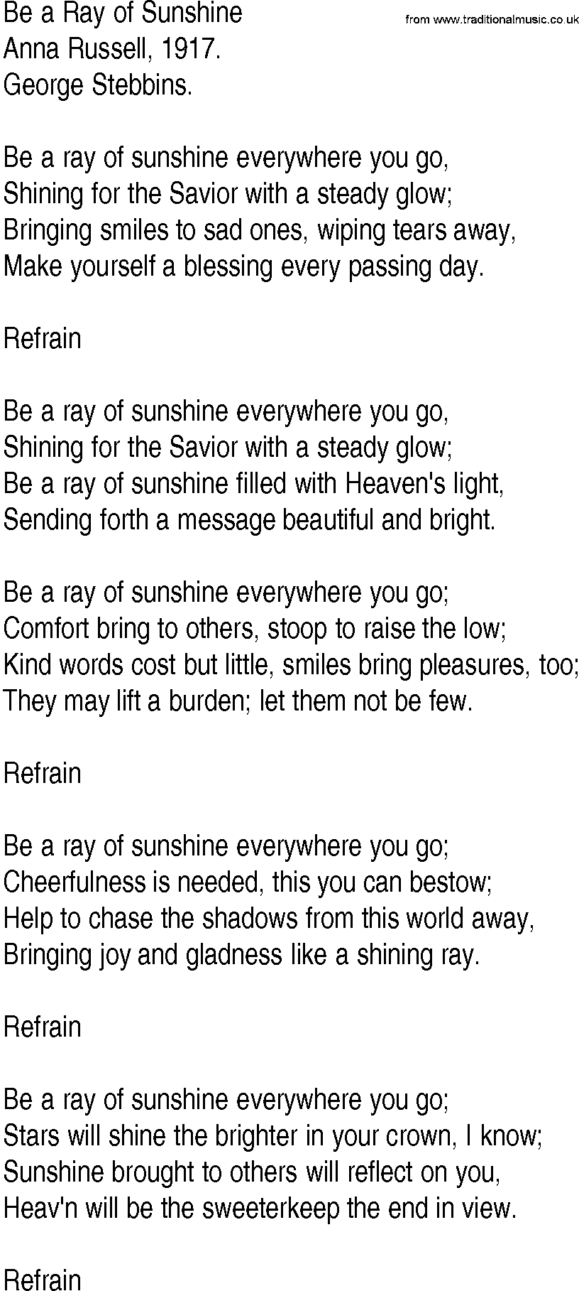 Hymn and Gospel Song: Be a Ray of Sunshine by Anna Russell lyrics