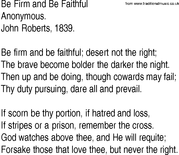 Hymn and Gospel Song: Be Firm and Be Faithful by Anonymous lyrics