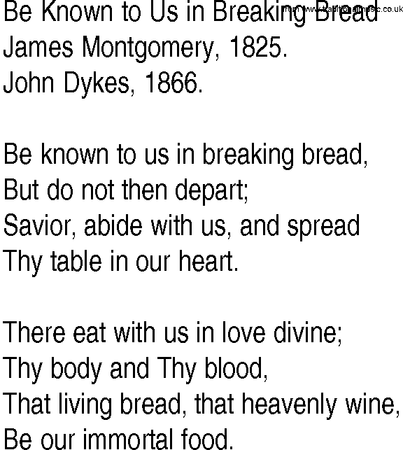 Hymn and Gospel Song: Be Known to Us in Breaking Bread by James Montgomery lyrics