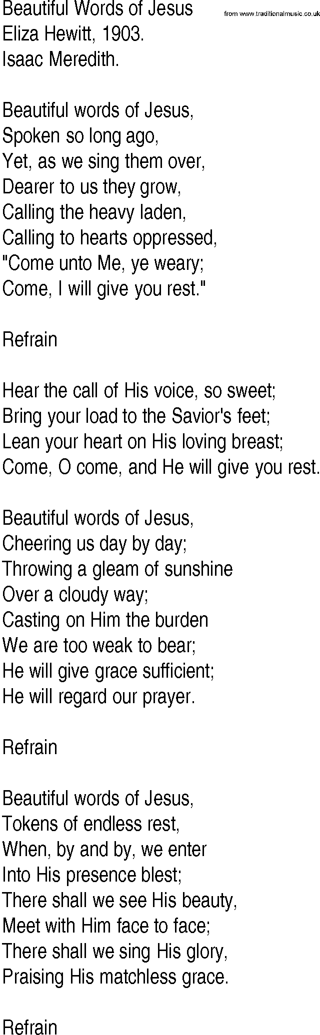 Hymn and Gospel Song: Beautiful Words of Jesus by Eliza Hewitt lyrics