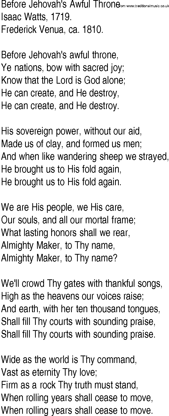 Hymn and Gospel Song: Before Jehovah's Awful Throne by Isaac Watts lyrics