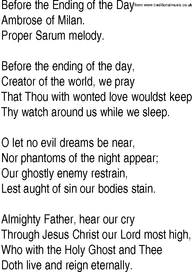 Hymn and Gospel Song: Before the Ending of the Day by Ambrose of Milan lyrics