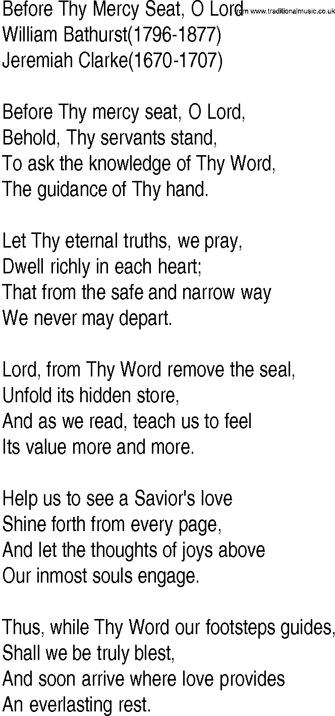 Hymn and Gospel Song: Before Thy Mercy Seat, O Lord by William Bathurst lyrics