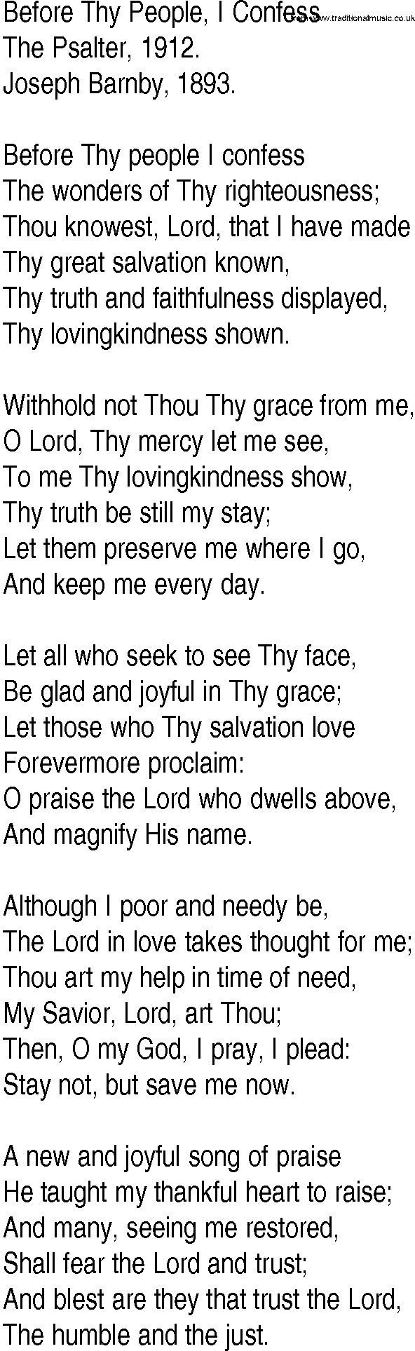 Hymn and Gospel Song: Before Thy People, I Confess by The Psalter lyrics