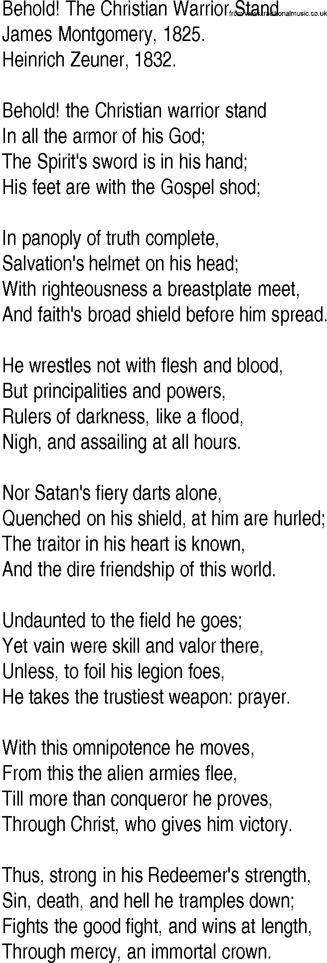 Hymn and Gospel Song: Behold! The Christian Warrior Stand by James Montgomery lyrics