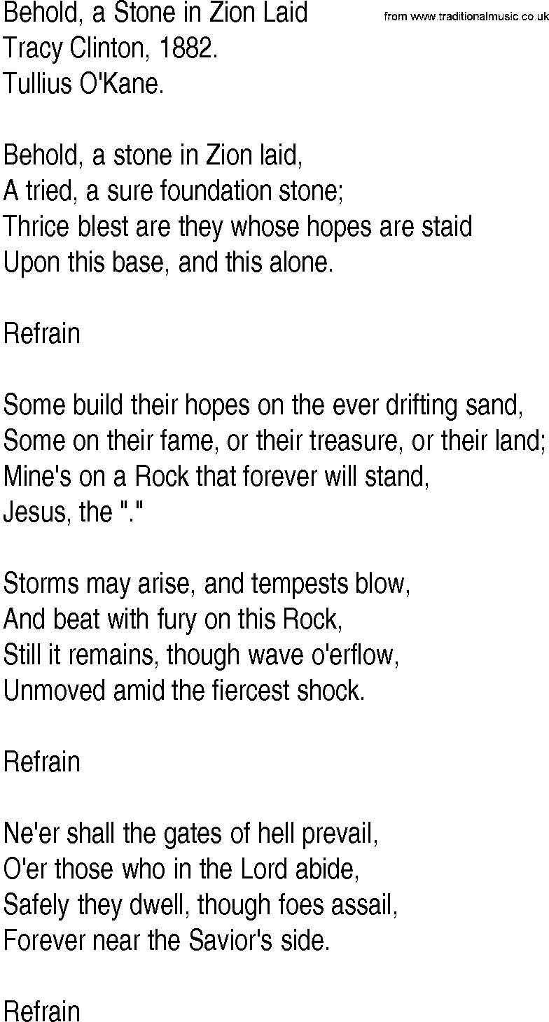 Hymn and Gospel Song: Behold, a Stone in Zion Laid by Tracy Clinton lyrics