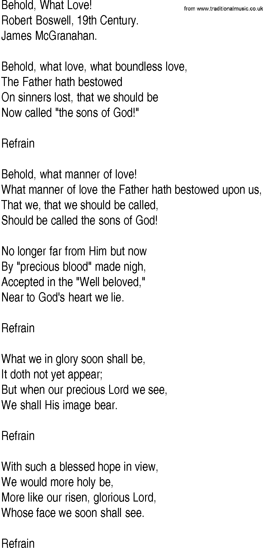 Hymn and Gospel Song: Behold, What Love! by Robert Boswell th Century lyrics