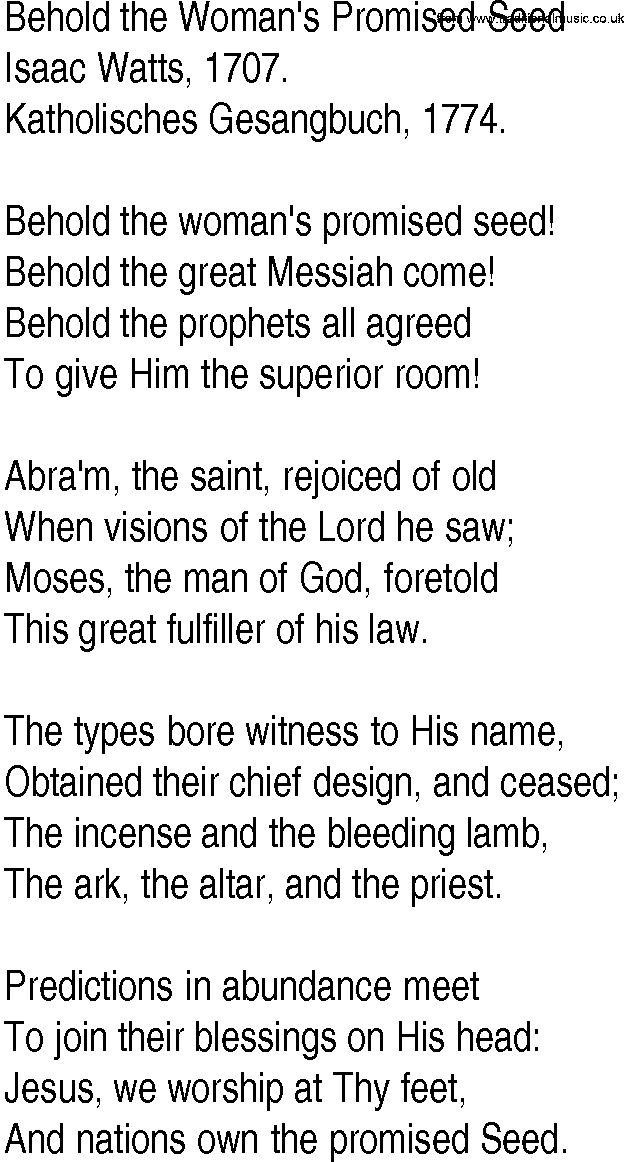 Hymn and Gospel Song: Behold the Woman's Promised Seed by Isaac Watts lyrics