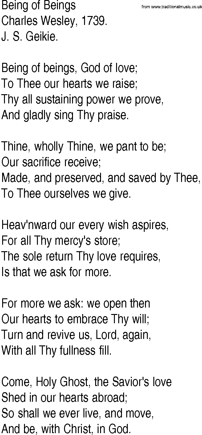 Hymn and Gospel Song: Being of Beings by Charles Wesley lyrics