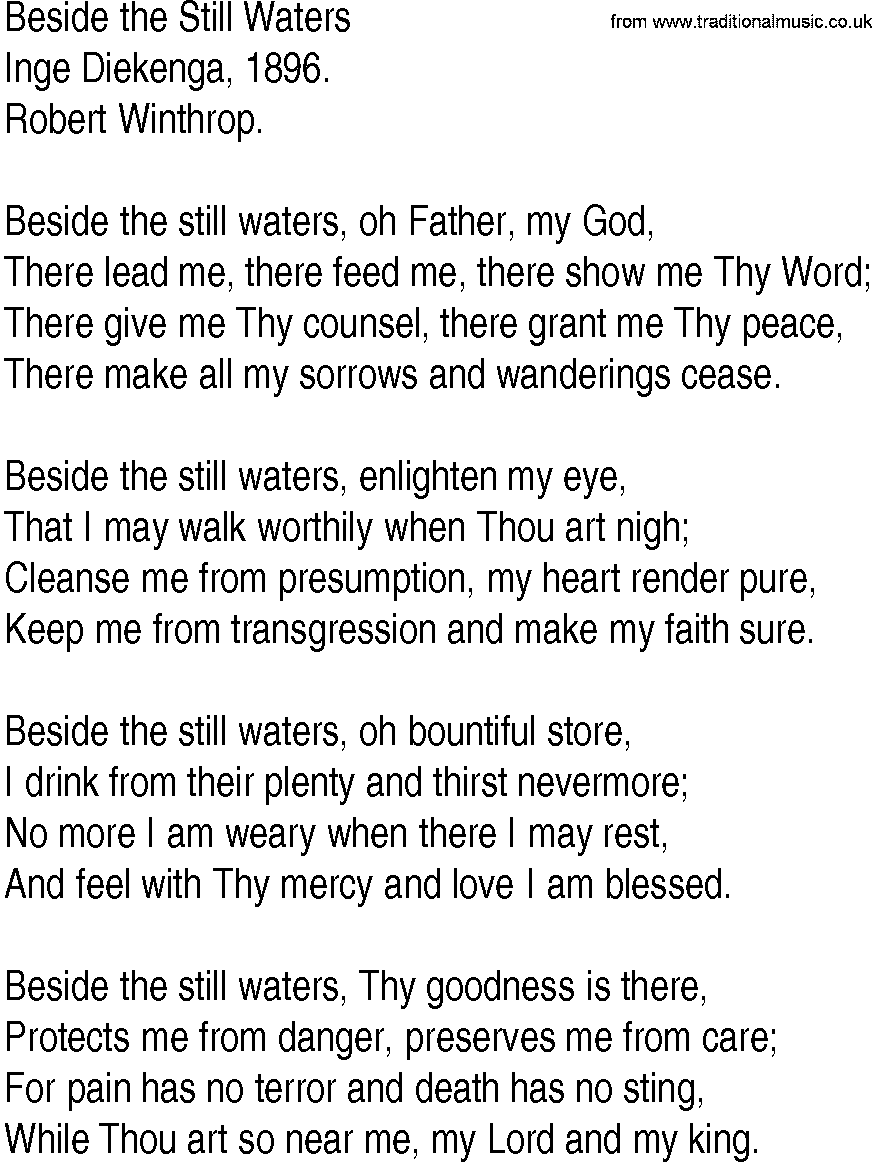 Hymn and Gospel Song: Beside the Still Waters by Inge Diekenga lyrics