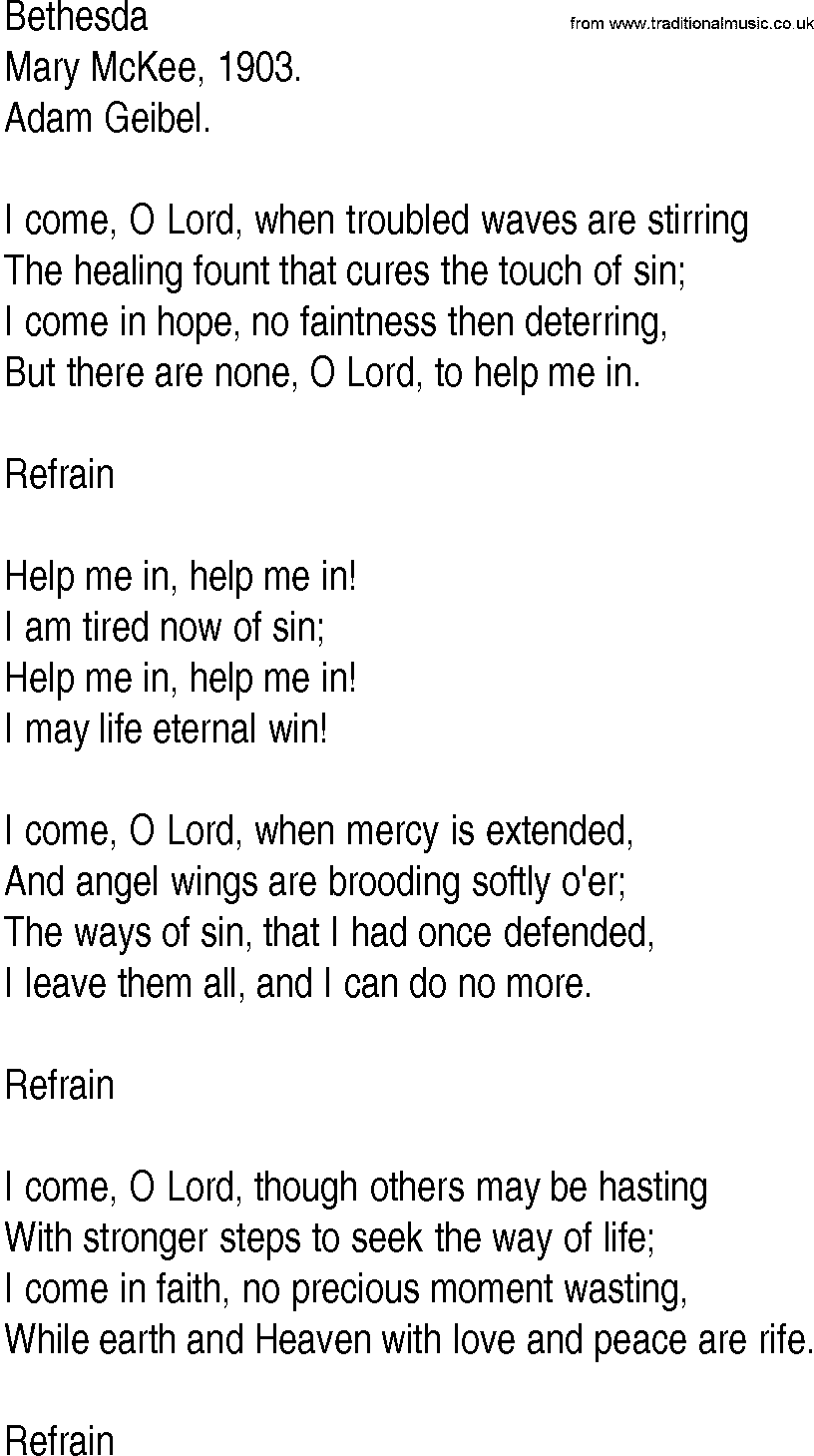 Hymn and Gospel Song: Bethesda by Mary McKee lyrics