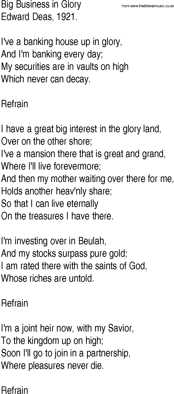 Hymn and Gospel Song: Big Business in Glory by Edward Deas lyrics