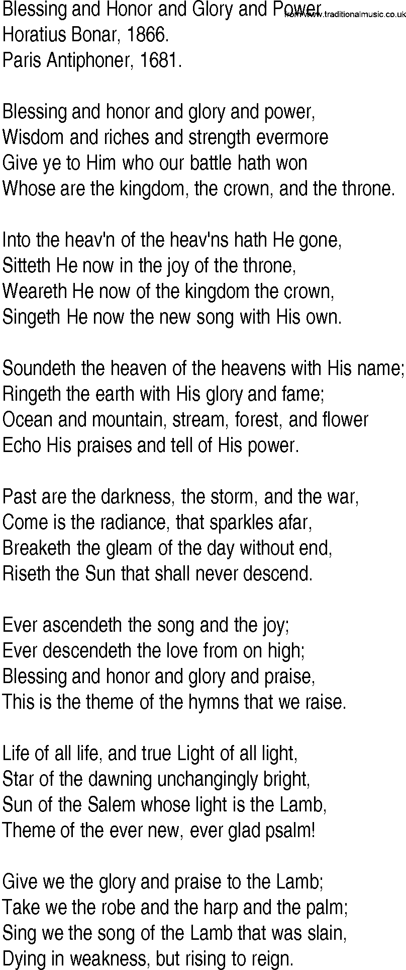 Hymn and Gospel Song: Blessing and Honor and Glory and Power by Horatius Bonar lyrics