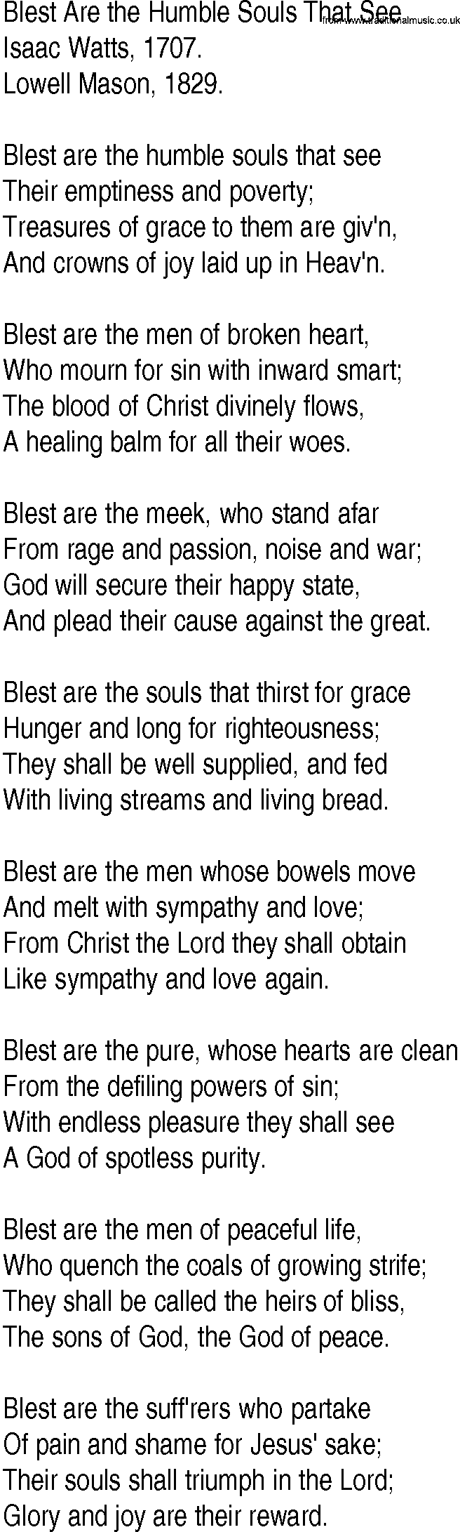 Hymn and Gospel Song: Blest Are the Humble Souls That See by Isaac Watts lyrics