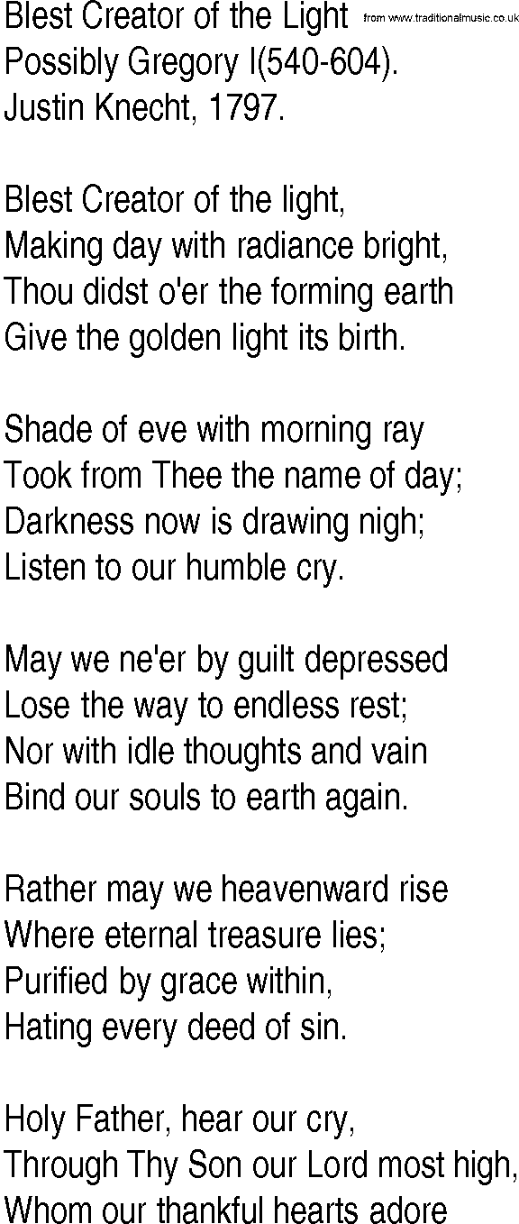 Hymn and Gospel Song: Blest Creator of the Light by Possibly Gregory I lyrics