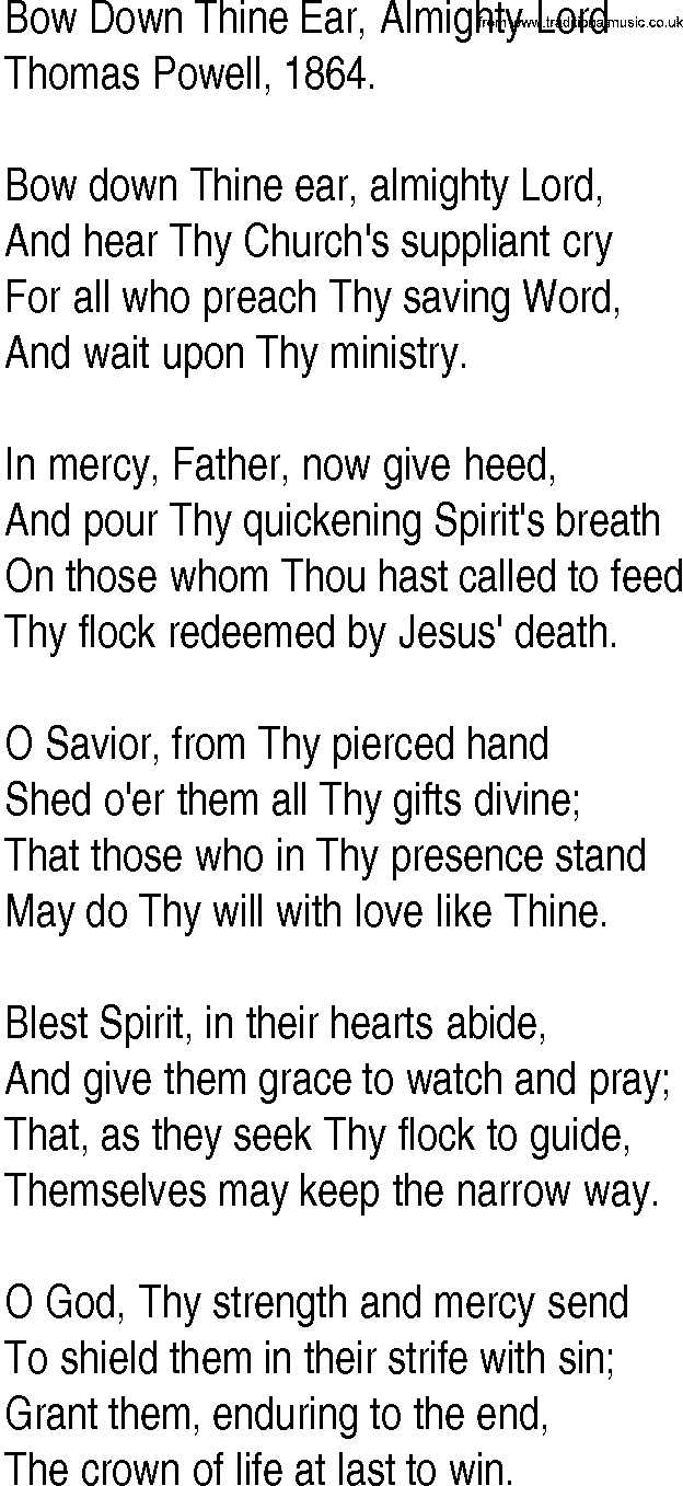 Hymn and Gospel Song: Bow Down Thine Ear, Almighty Lord by Thomas Powell lyrics