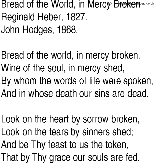 Hymn and Gospel Song: Bread of the World, in Mercy Broken by Reginald Heber lyrics