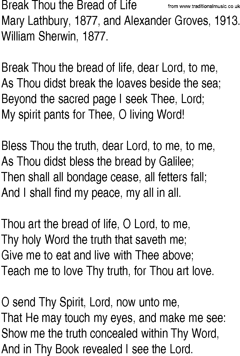 Hymn and Gospel Song: Break Thou the Bread of Life by Mary Lathbury  and Alexander Groves lyrics