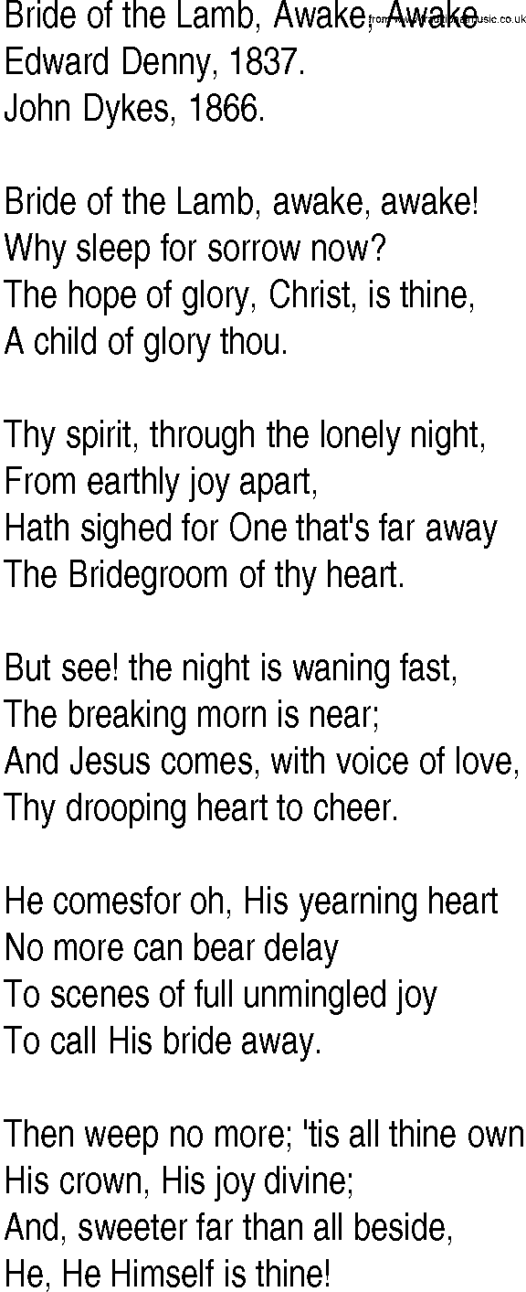 Hymn and Gospel Song: Bride of the Lamb, Awake, Awake by Edward Denny lyrics