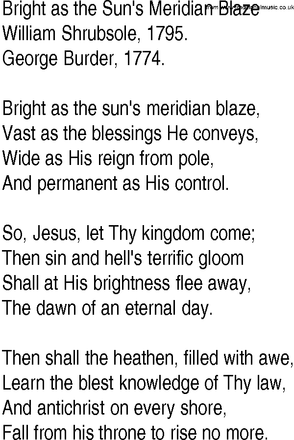 Hymn and Gospel Song: Bright as the Sun's Meridian Blaze by William Shrubsole lyrics