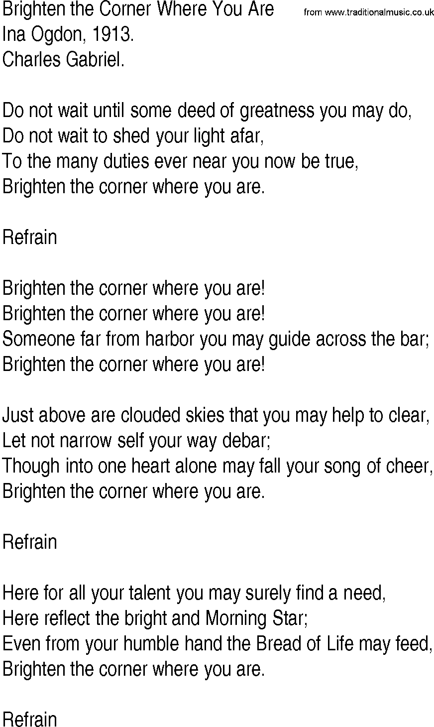 Hymn and Gospel Song: Brighten the Corner Where You Are by Ina Ogdon lyrics