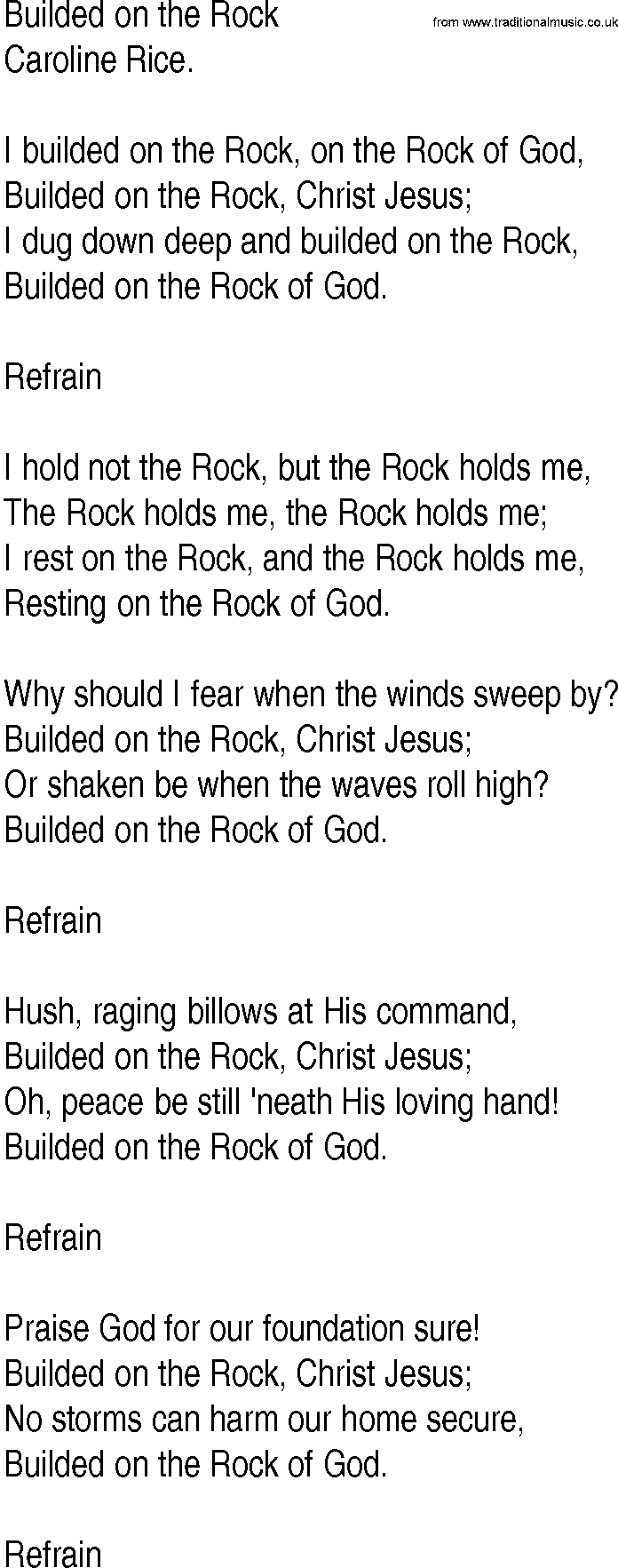 Hymn and Gospel Song: Builded on the Rock by Caroline Rice lyrics