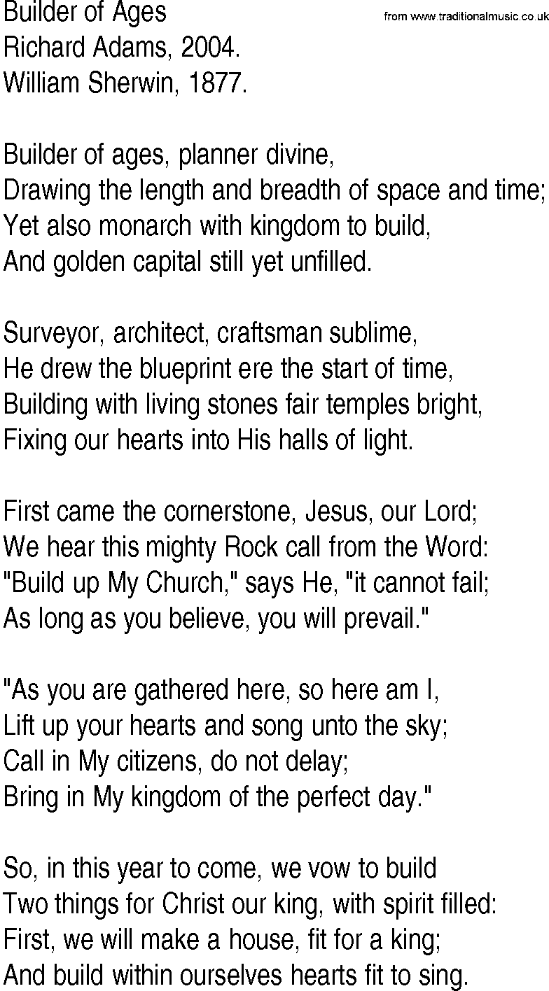 Hymn and Gospel Song: Builder of Ages by Richard Adams lyrics