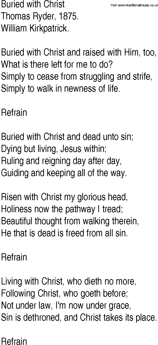 Hymn and Gospel Song: Buried with Christ by Thomas Ryder lyrics