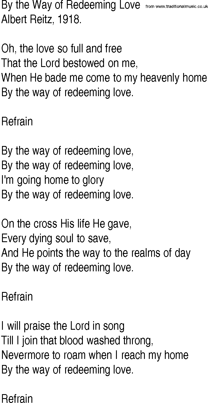 Hymn and Gospel Song: By the Way of Redeeming Love by Albert Reitz lyrics
