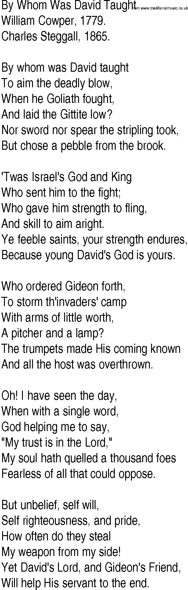 Hymn and Gospel Song: By Whom Was David Taught by William Cowper lyrics