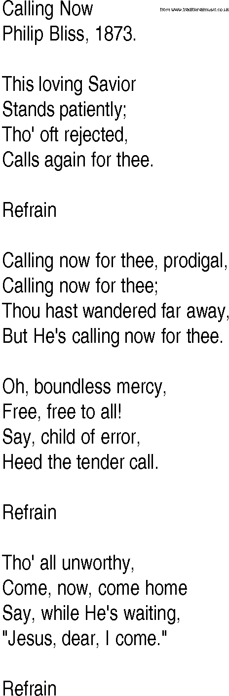 Hymn and Gospel Song: Calling Now by Philip Bliss lyrics
