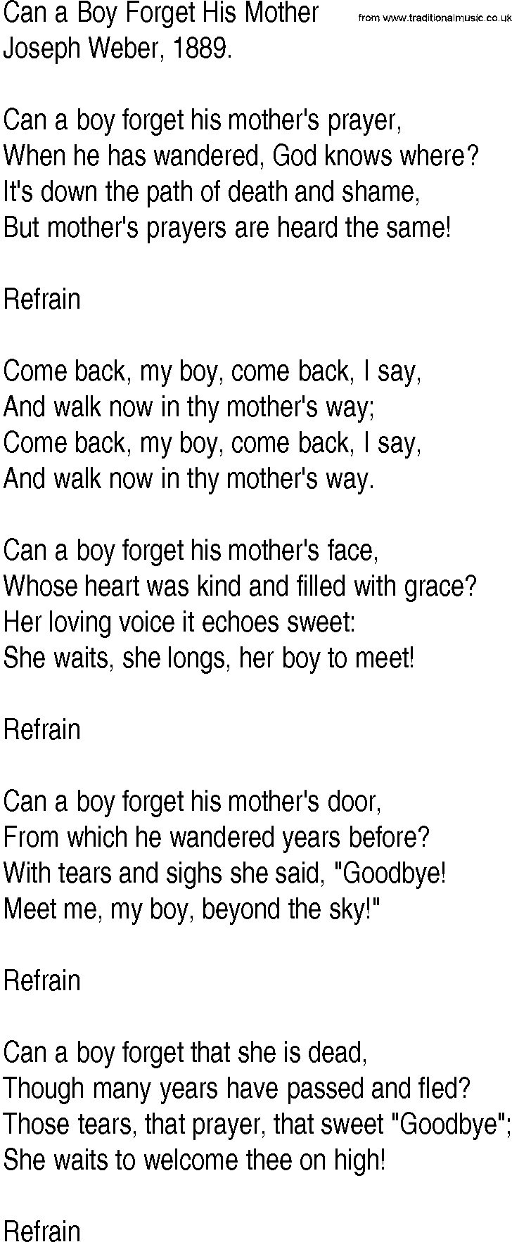Hymn and Gospel Song: Can a Boy Forget His Mother by Joseph Weber lyrics