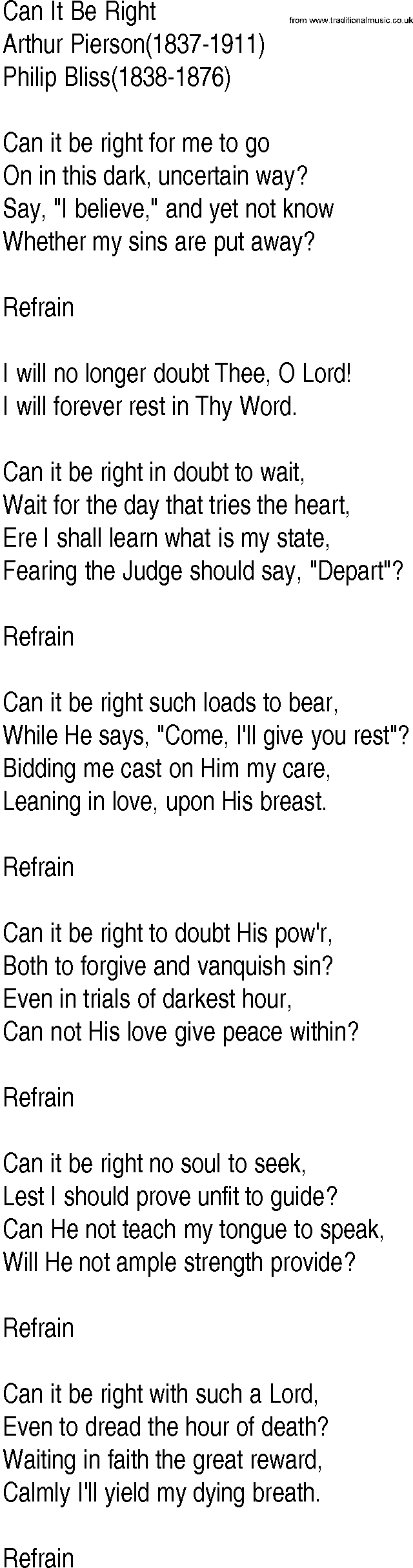 Hymn and Gospel Song: Can It Be Right by Arthur Pierson lyrics