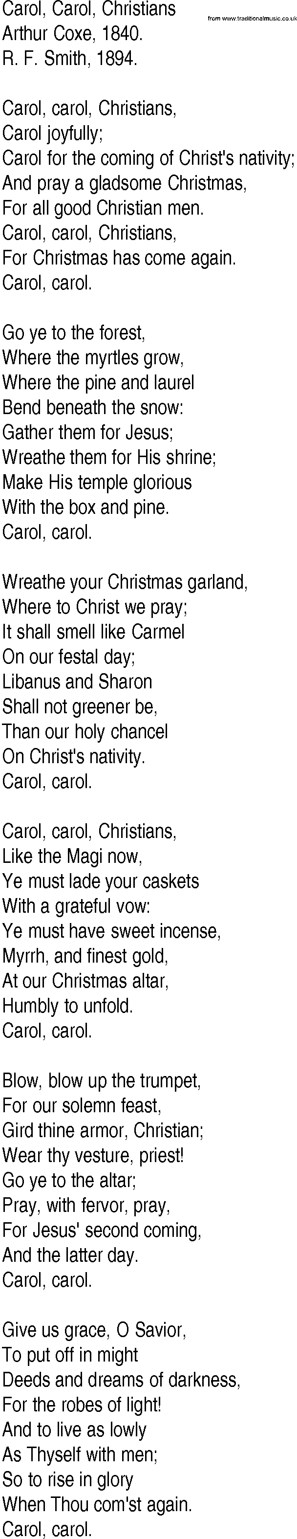 Hymn and Gospel Song: Carol, Carol, Christians by Arthur Coxe lyrics