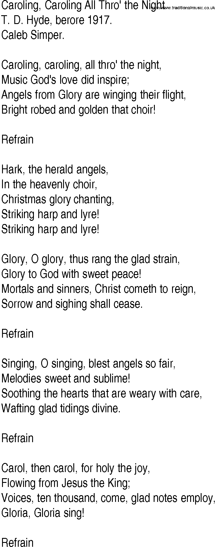Hymn and Gospel Song: Caroling, Caroling All Thro' the Night by T D Hyde berore lyrics