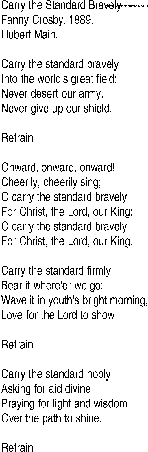 Hymn and Gospel Song: Carry the Standard Bravely by Fanny Crosby lyrics