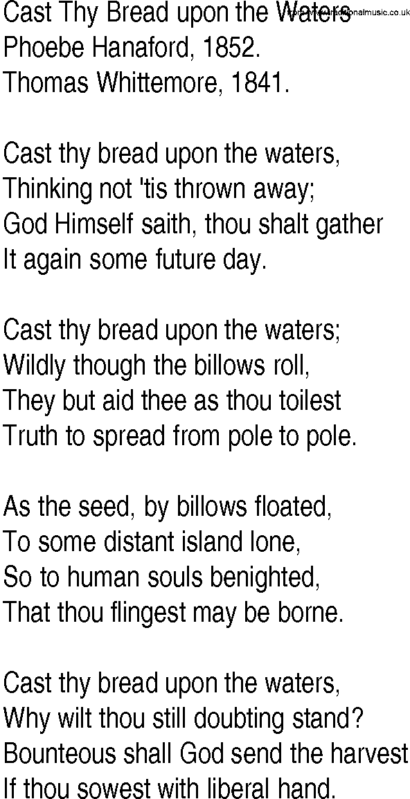 Hymn and Gospel Song: Cast Thy Bread upon the Waters by Phoebe Hanaford lyrics