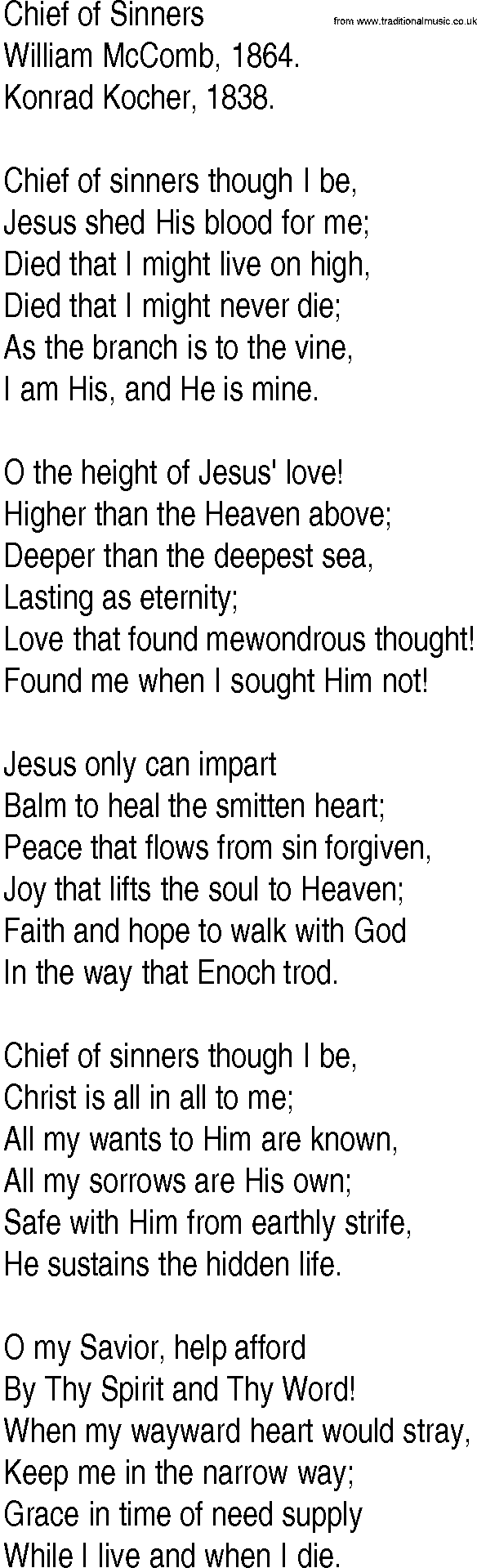 Hymn and Gospel Song: Chief of Sinners by William McComb lyrics