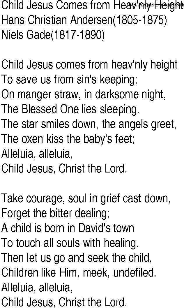 Hymn and Gospel Song: Child Jesus Comes from Heav'nly Height by Hans Christian Andersen lyrics
