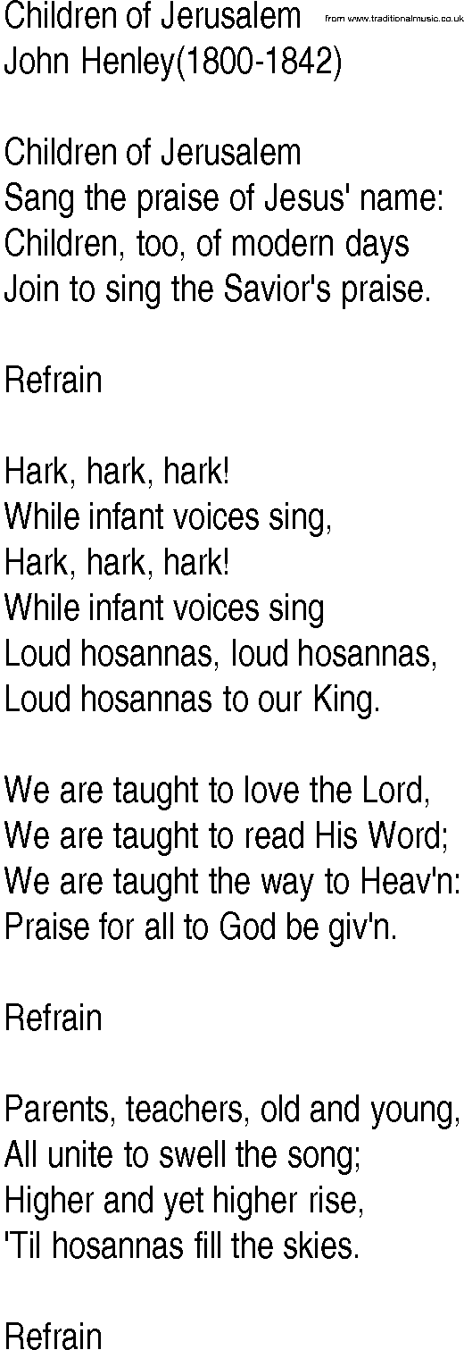 Hymn and Gospel Song: Children of Jerusalem by John Henley lyrics