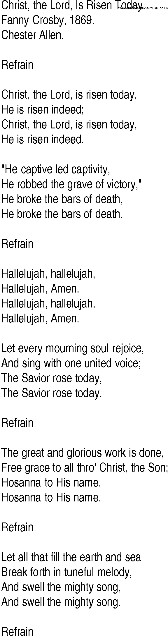 Hymn and Gospel Song: Christ, the Lord, Is Risen Today by Fanny Crosby lyrics