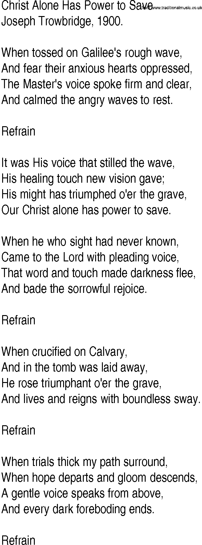 Hymn and Gospel Song: Christ Alone Has Power to Save by Joseph Trowbridge lyrics