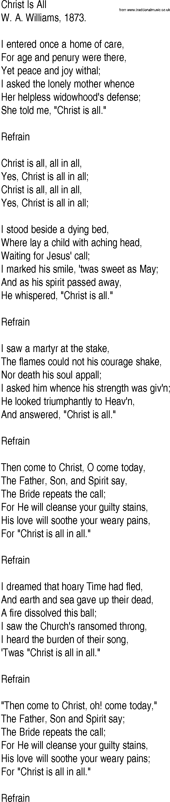 Hymn and Gospel Song: Christ Is All by W A Williams lyrics