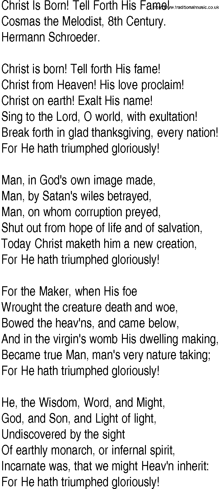 Hymn and Gospel Song: Christ Is Born! Tell Forth His Fame! by Cosmas the Melodist th Century lyrics