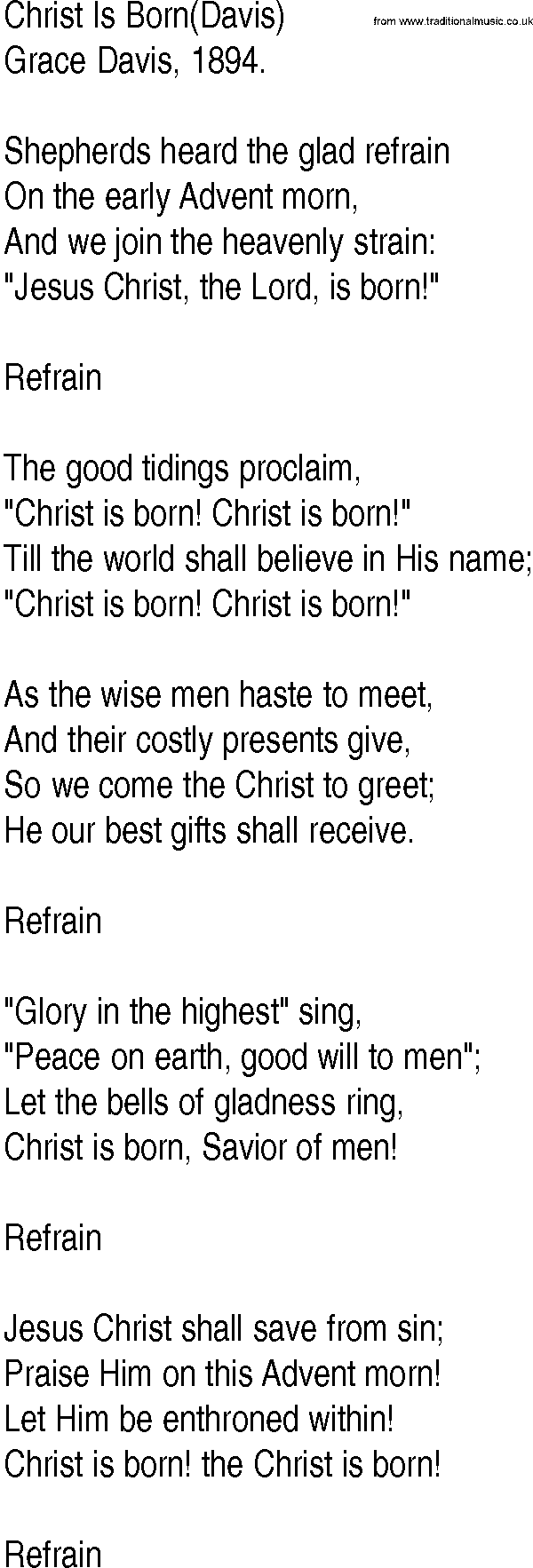 Hymn and Gospel Song: Christ Is Born(Davis) by Grace Davis lyrics