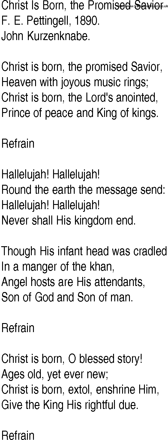 Hymn and Gospel Song: Christ Is Born, the Promised Savior by F E Pettingell lyrics