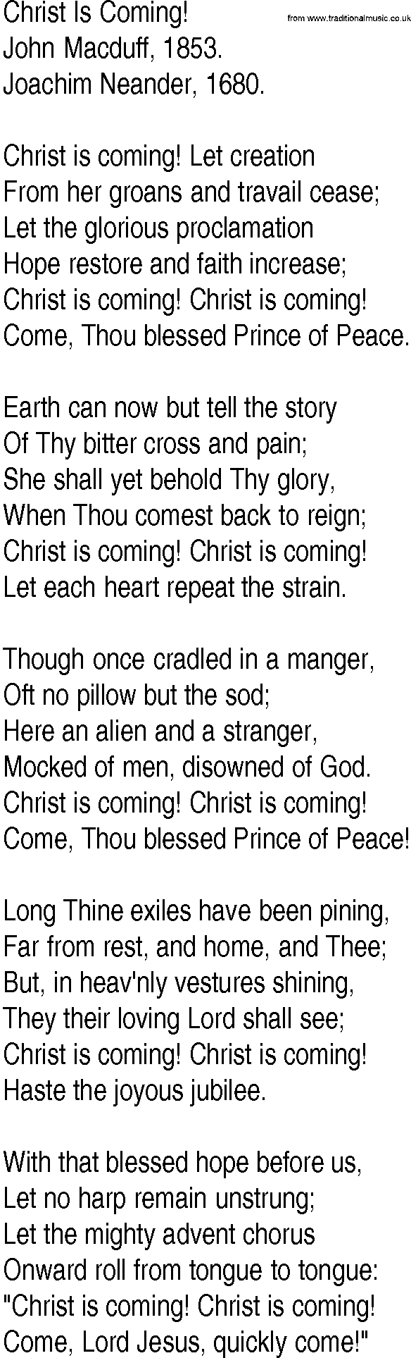 Hymn and Gospel Song: Christ Is Coming! by John Macduff lyrics