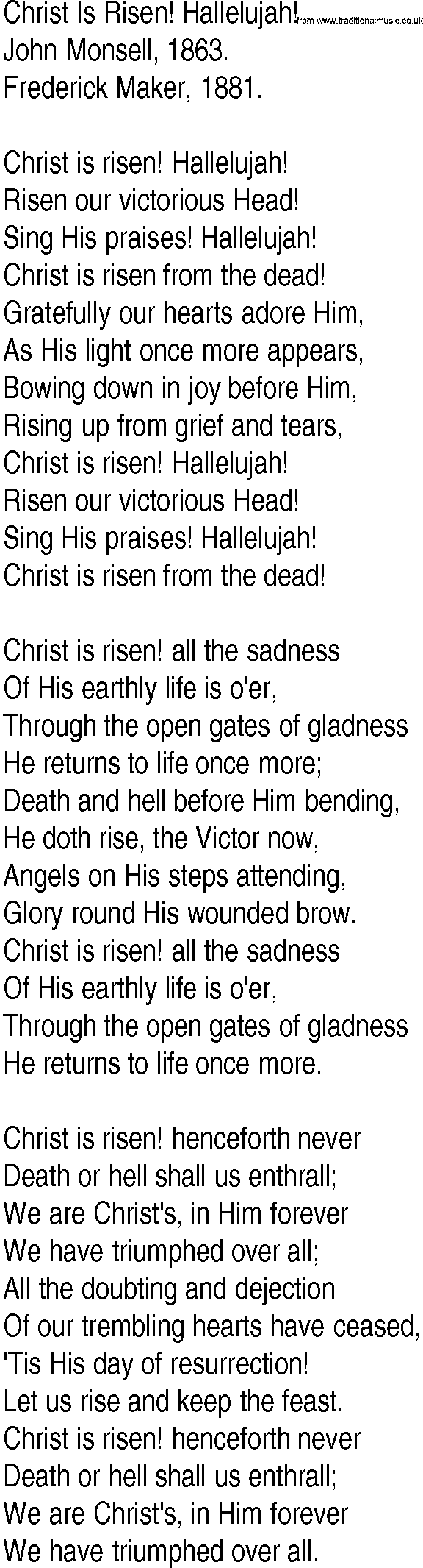 Hymn and Gospel Song: Christ Is Risen! Hallelujah! by John Monsell lyrics